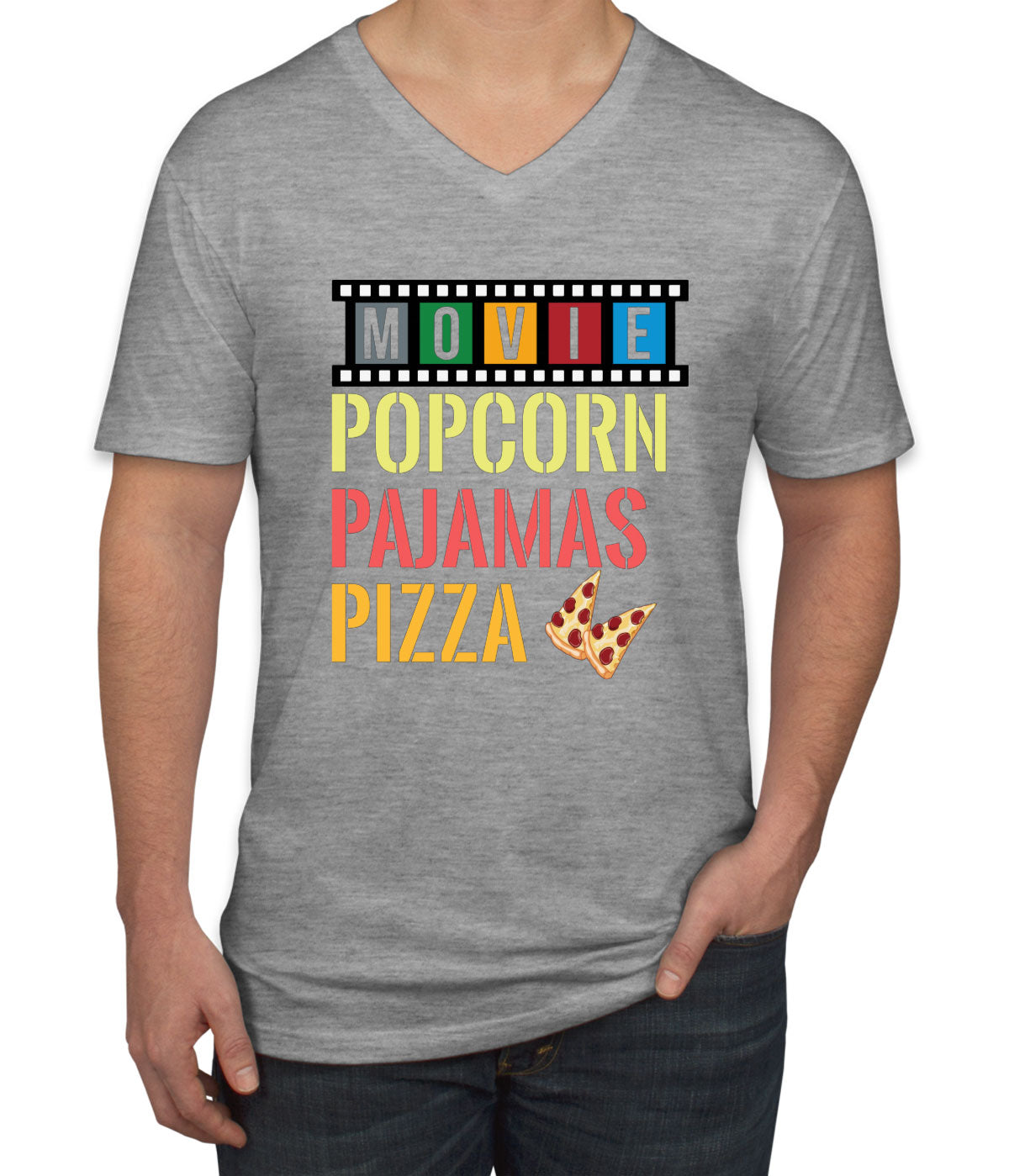 Movie Popcorn Pajamas Pizza  Men's V Neck T-shirt