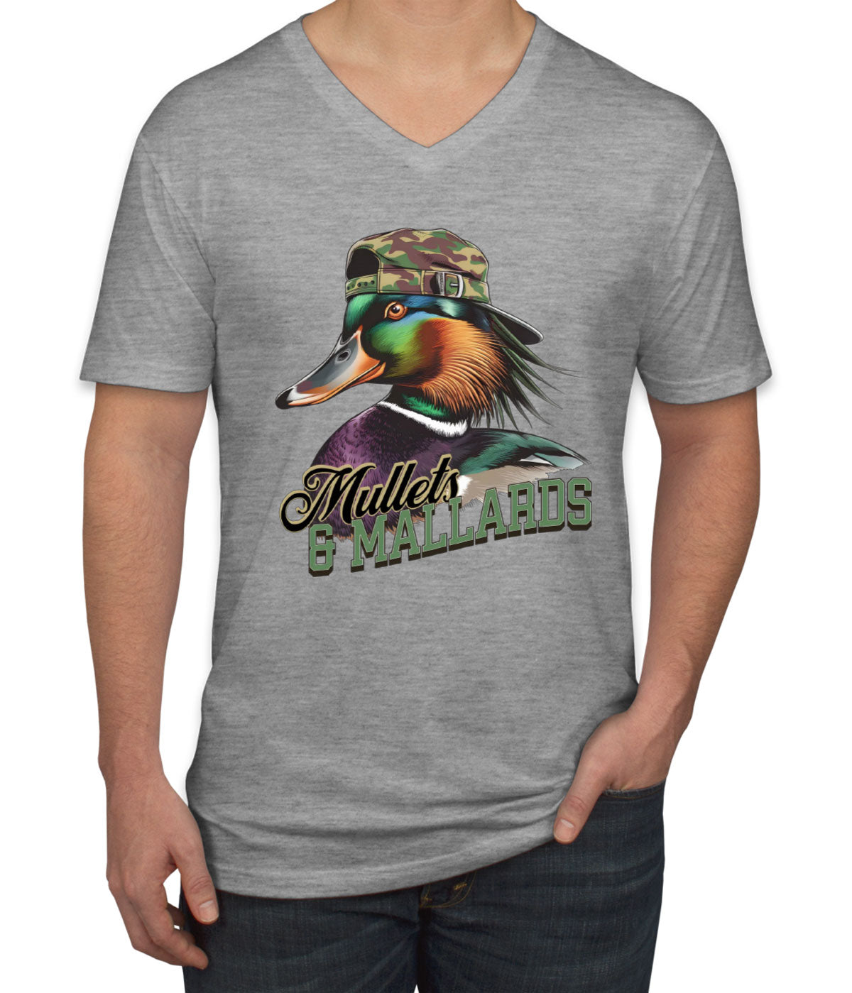 Mullets And Mallards Duck Hunting Men's V Neck T-shirt