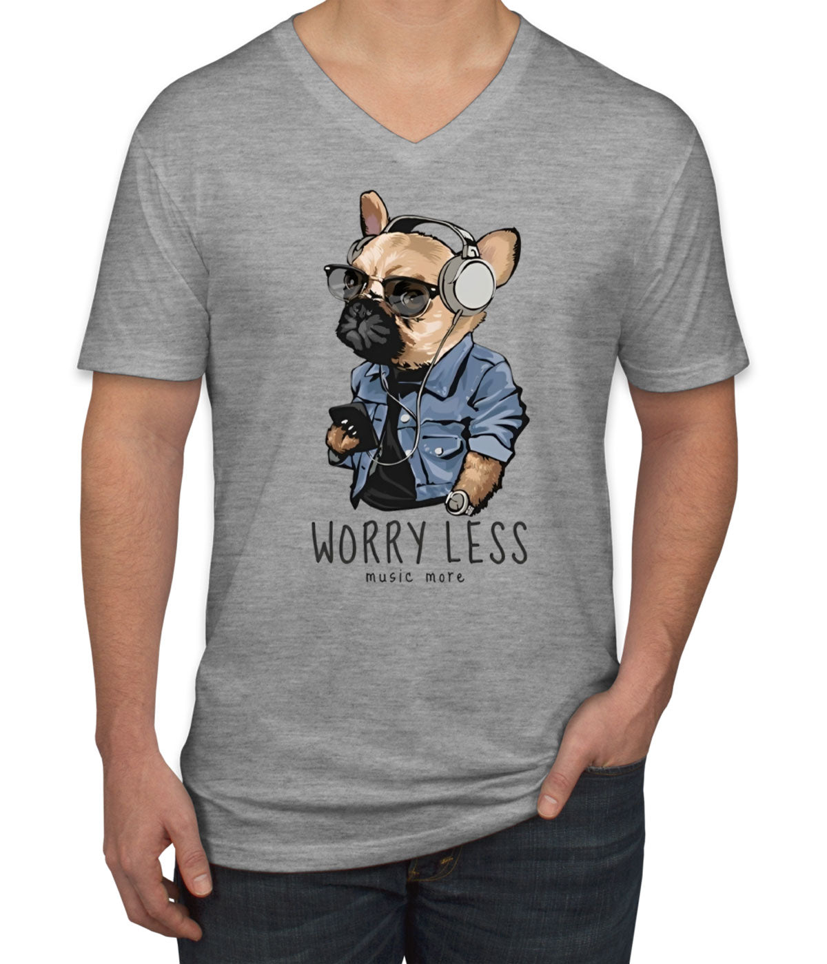 Worry Less Music More Pug Dog Men's V Neck T-shirt