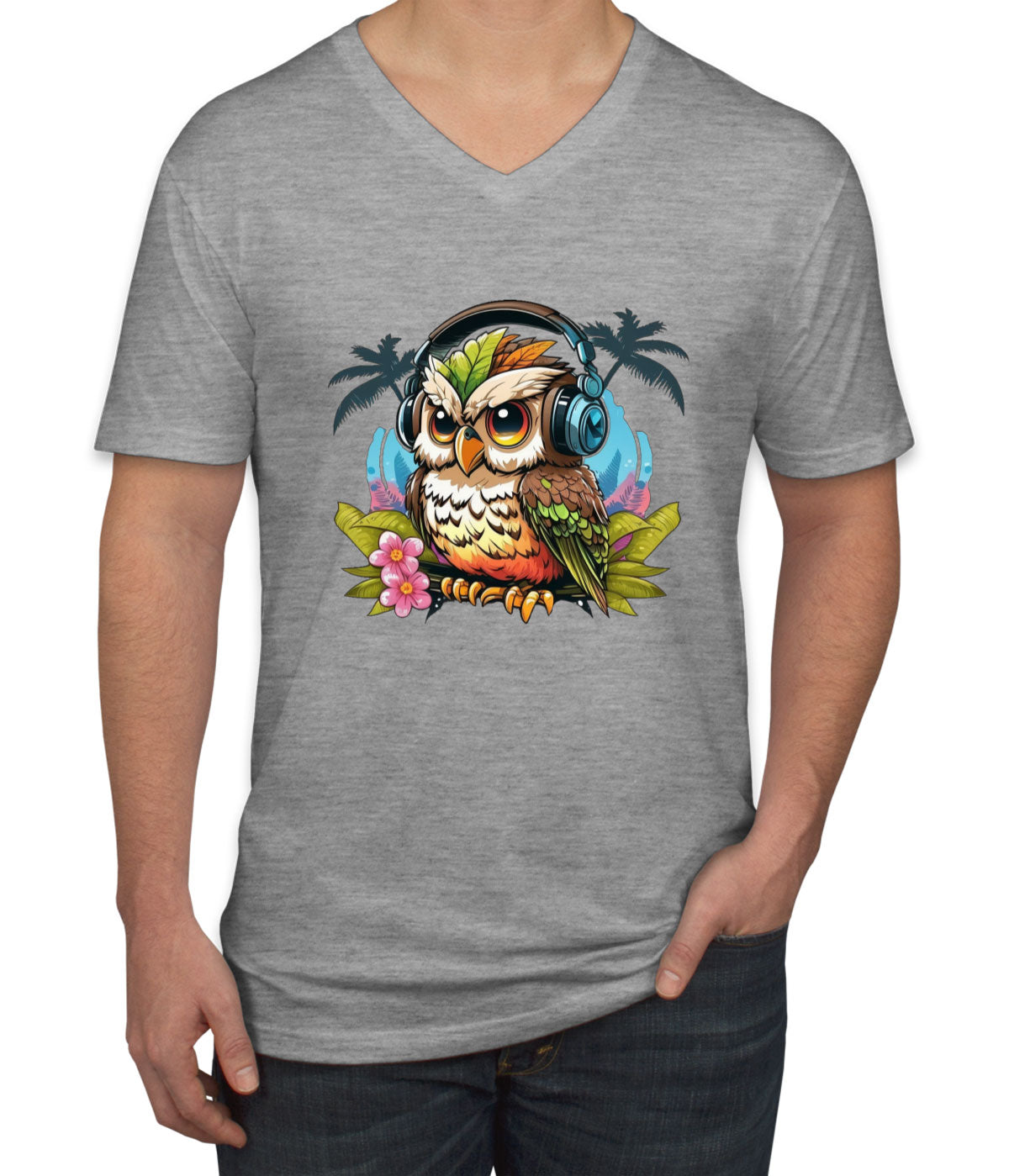 Owl Wearing Headphone Men's V Neck T-shirt