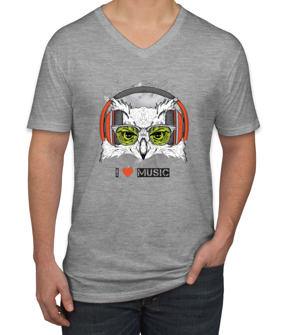 I Love Music Owl With Headphones Men's V Neck T-shirt