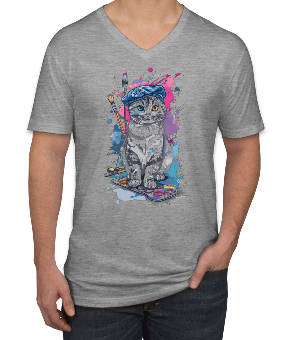 Painter Artist Cat Men's V Neck T-shirt