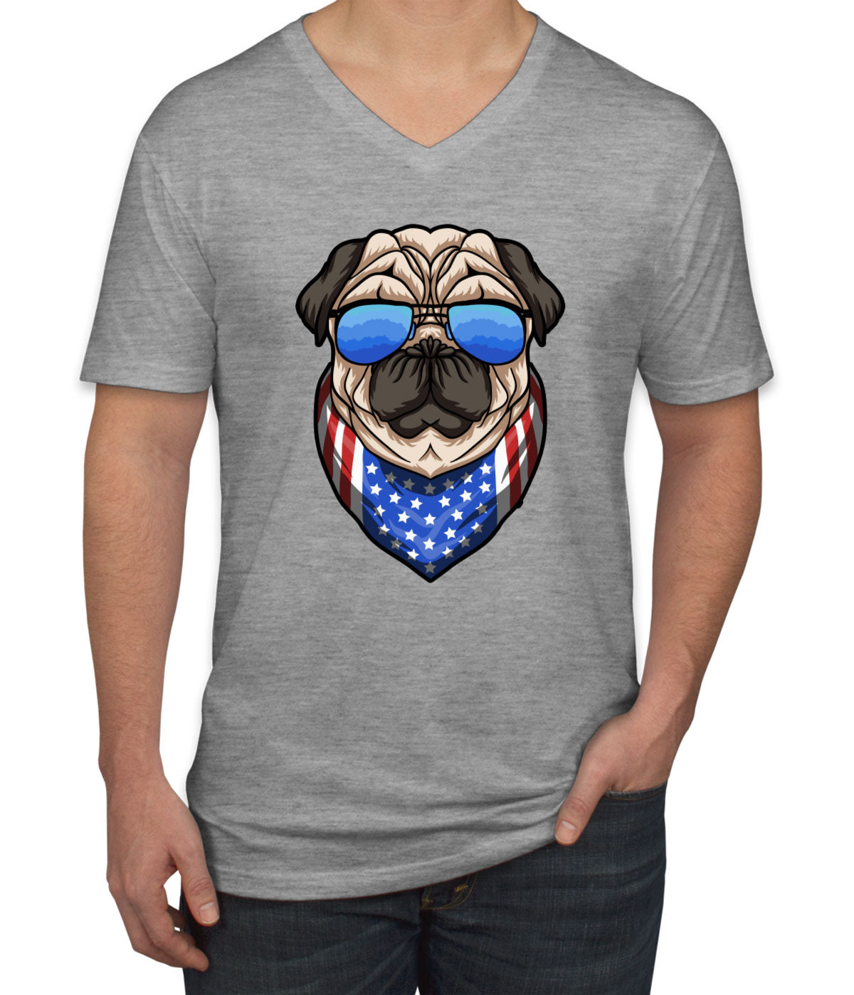 Pug Dog With Sunglasses And Bandana Men's V Neck T-shirt