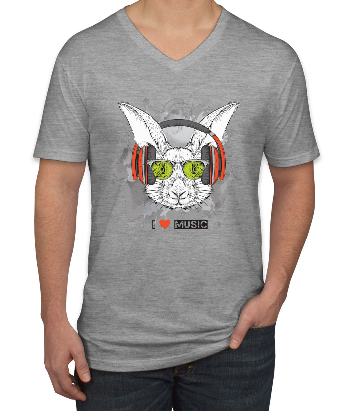 I Love Music Rabbit With Headphones Men's V Neck T-shirt