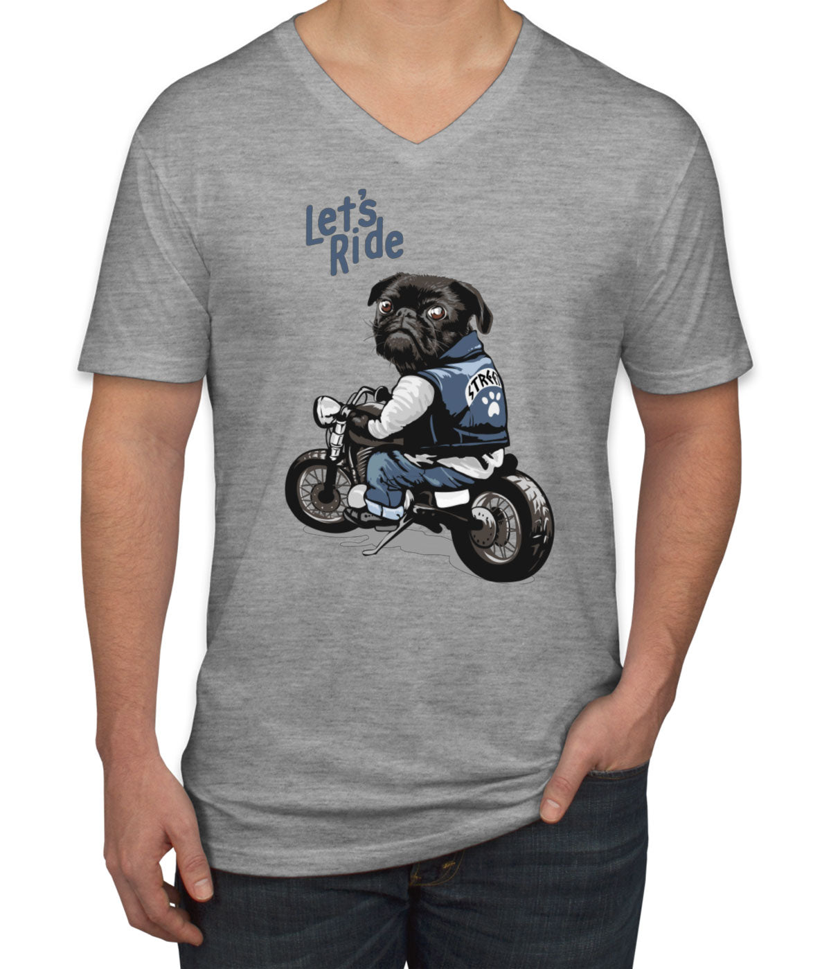 Pug Dog Riding Motorcycle Men's V Neck T-shirt