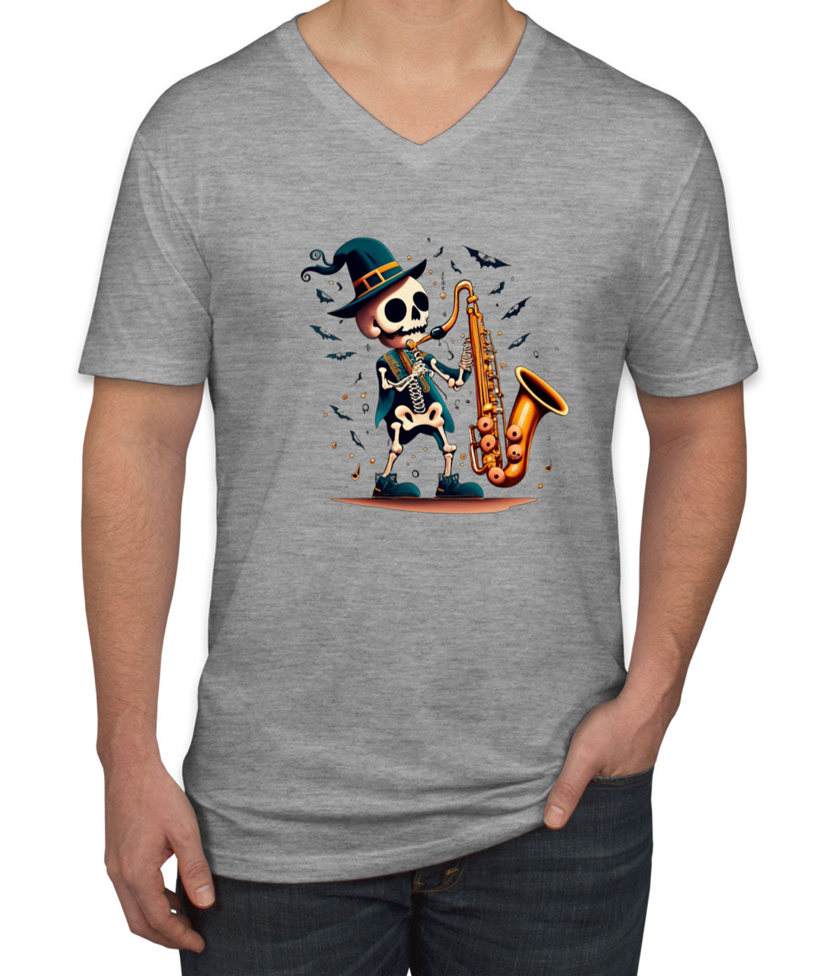 Skeleton Playing Saxophone Men's V Neck T-shirt