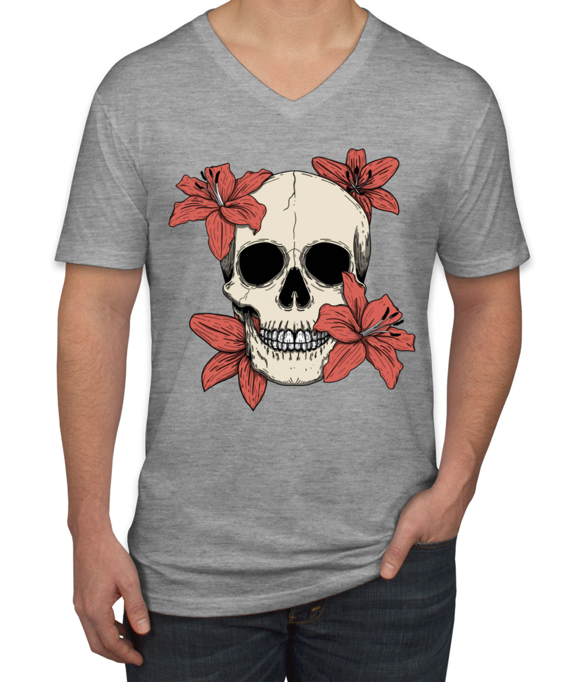 Skull With Flowers Men's V Neck T-shirt