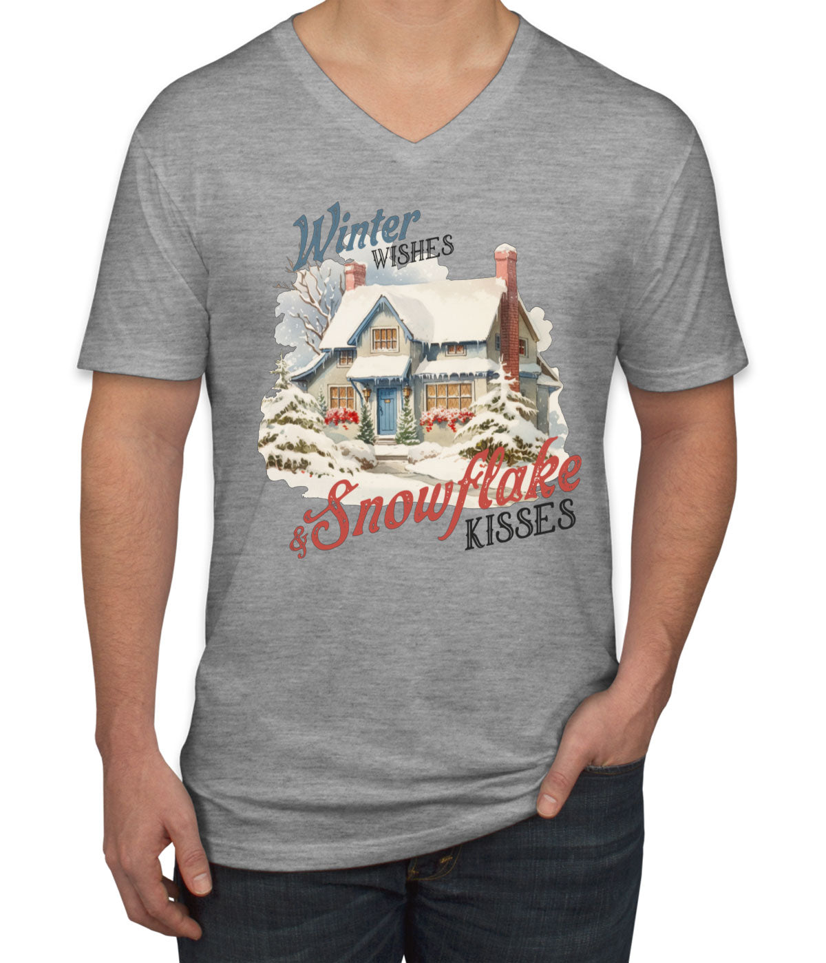 Winter Wishes And Snowflake Kisses Christmas Men's V Neck T-shirt