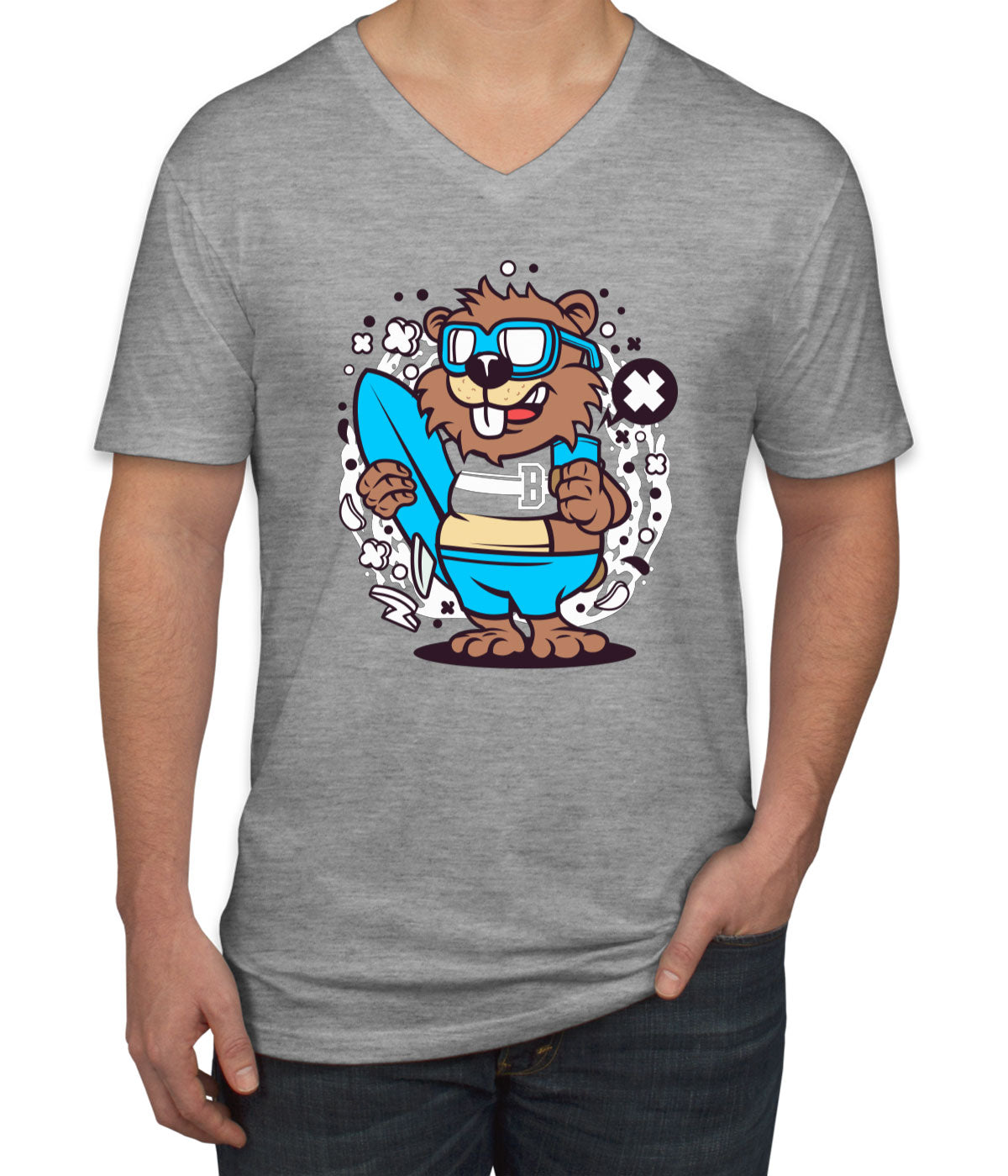 Surfing Beaver Men's V Neck T-shirt