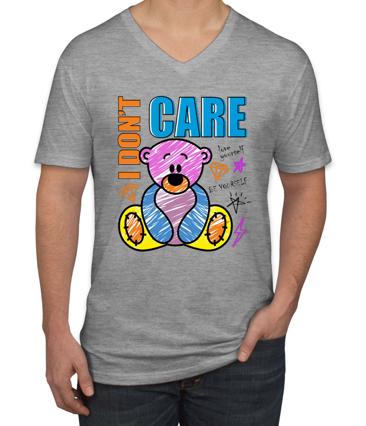 Teddy Bear I Don't Care Men's V Neck T-shirt