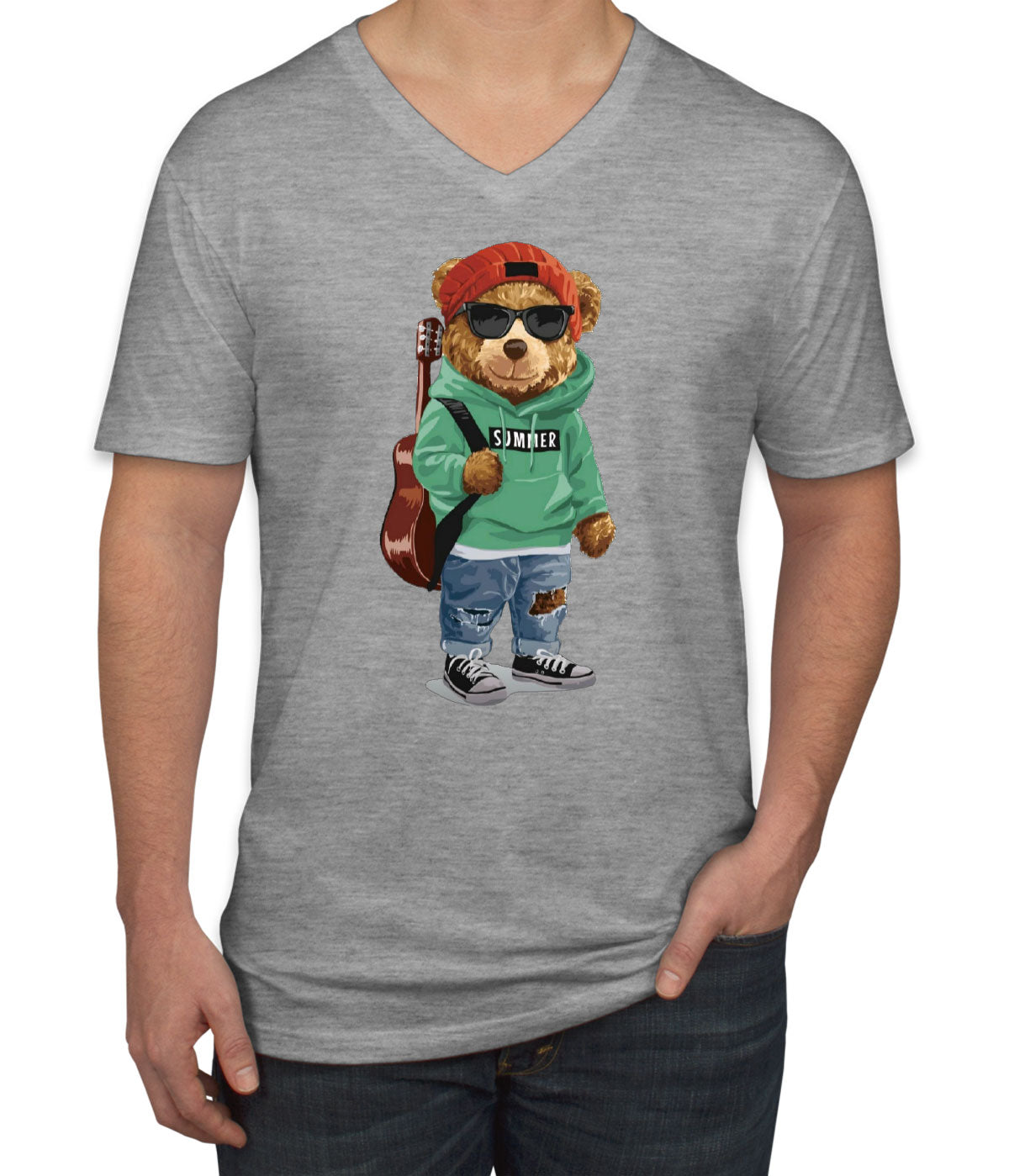 Teddy Bear Musician Men's V Neck T-shirt