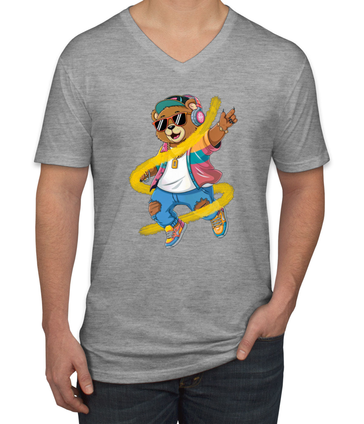 Teddy Bear With Headphone And Sunglasses Men's V Neck T-shirt