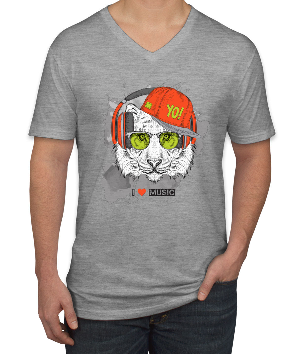 I Love Music Tiger With Headphones Men's V Neck T-shirt