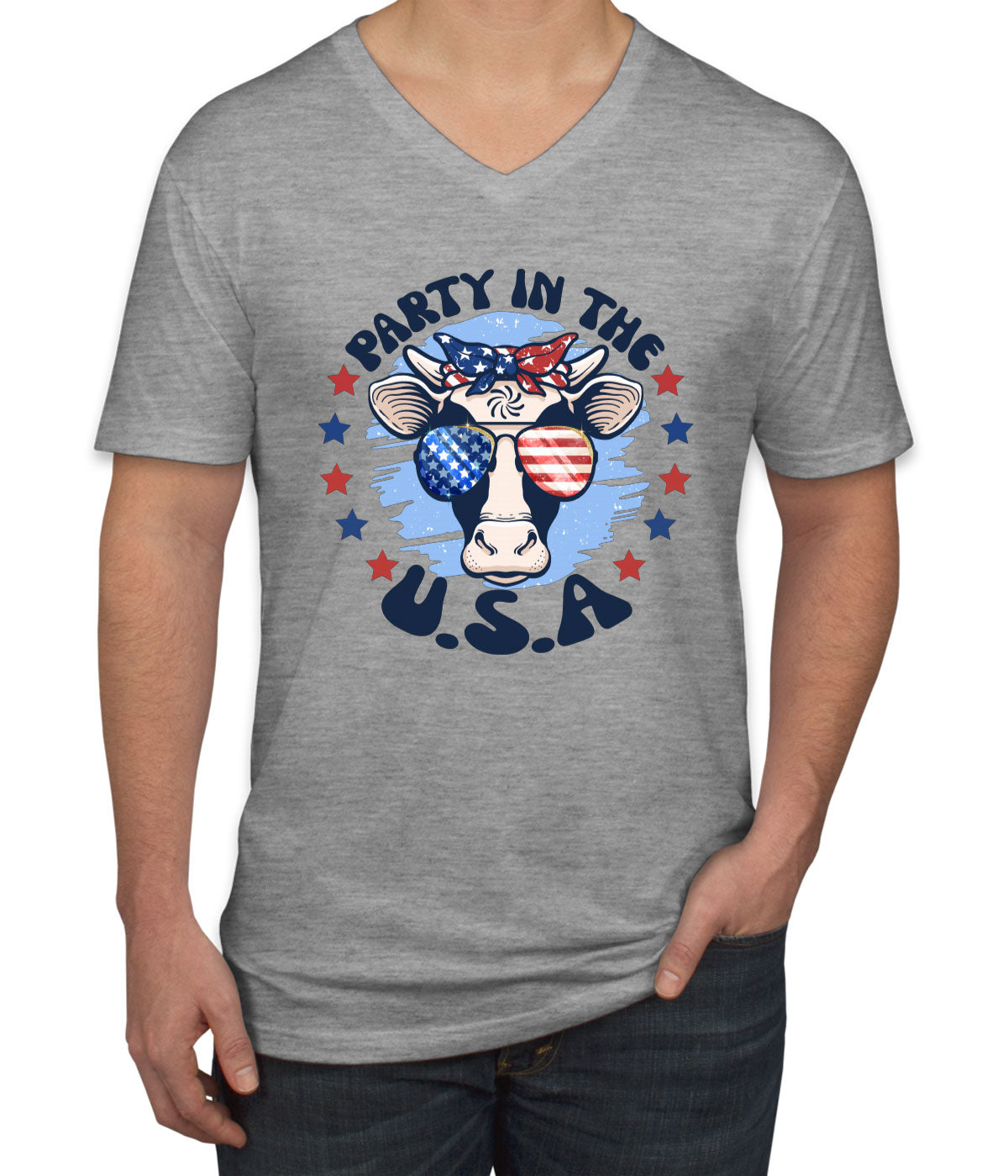 Party In The USA Patriotic American Cow Men's V Neck T-shirt