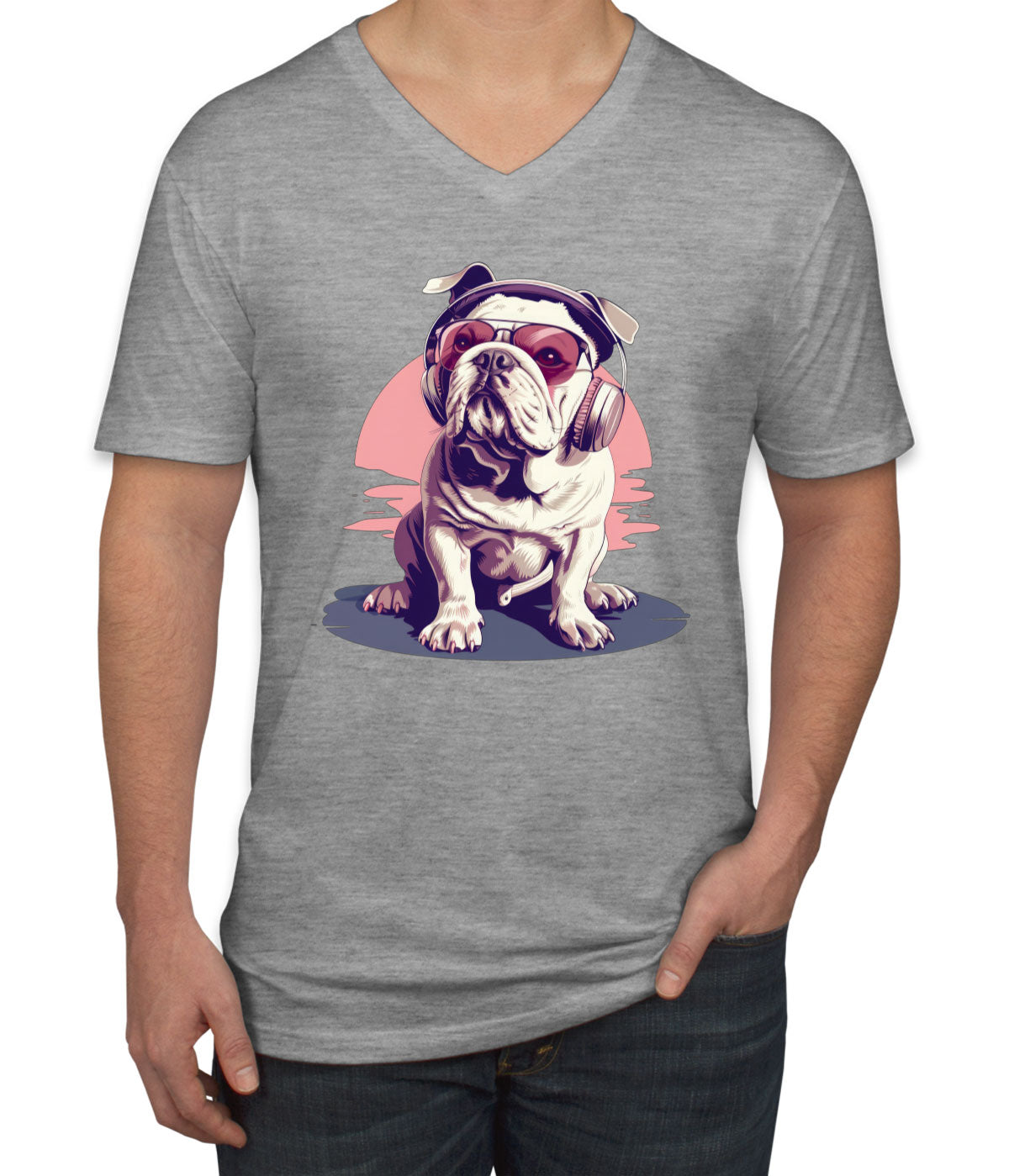 Vintage Bulldog With Headphone And Sunglasses Men's V Neck T-shirt