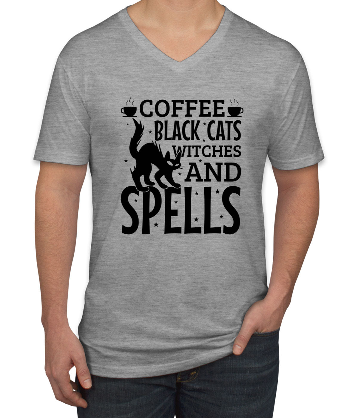 Coffee Black Cats Witches And Spells Halloween Men's V Neck T-shirt