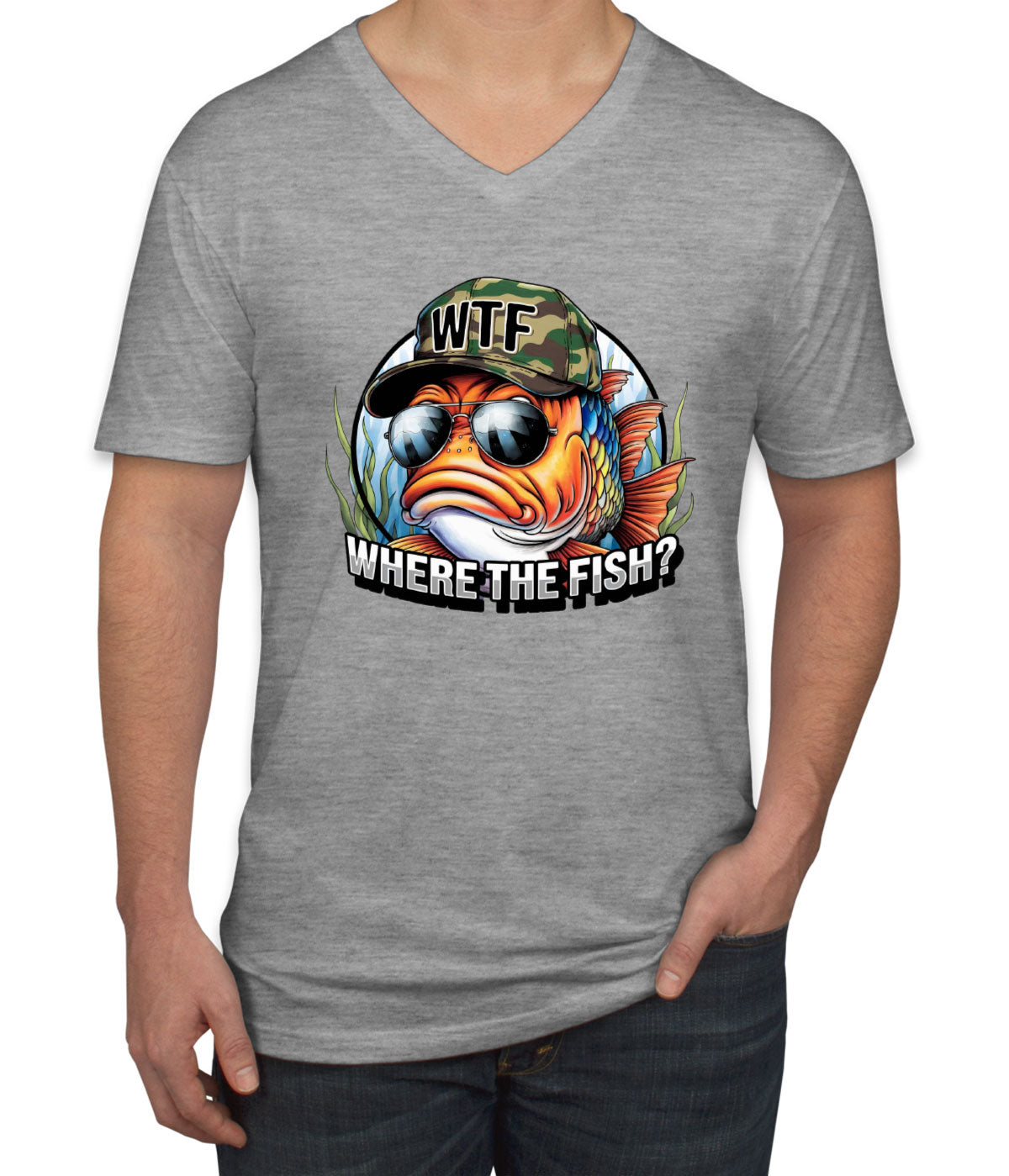 WTF Where The Fish Hunting Bass Fishing Men's V Neck T-shirt