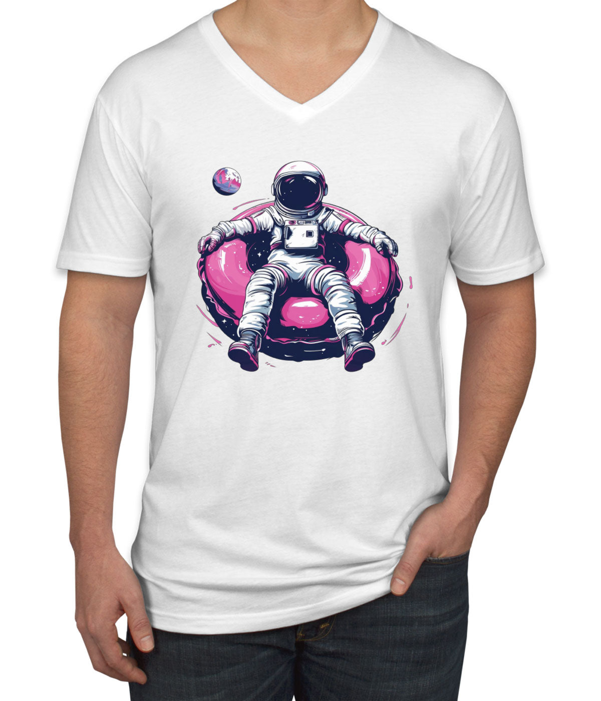 Astronaut On A Pink Float Men's V Neck T-shirt