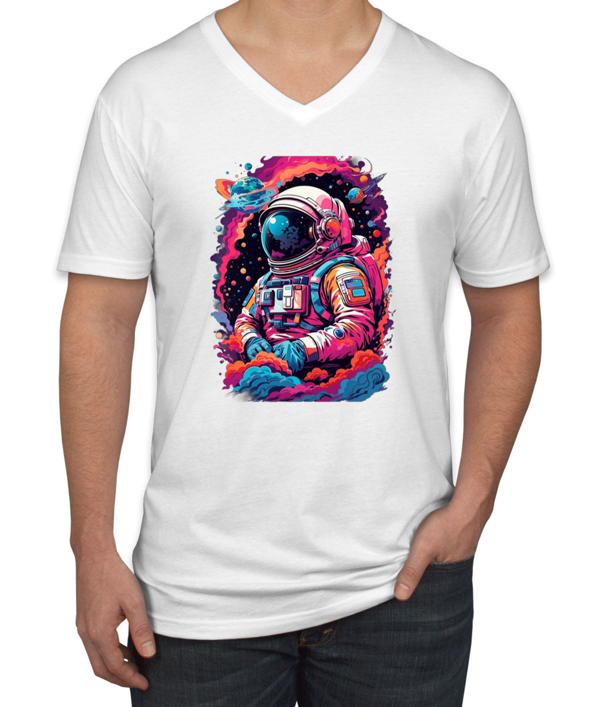 Illustration Colorful Astronaut in the Galaxy Men's V Neck T-shirt