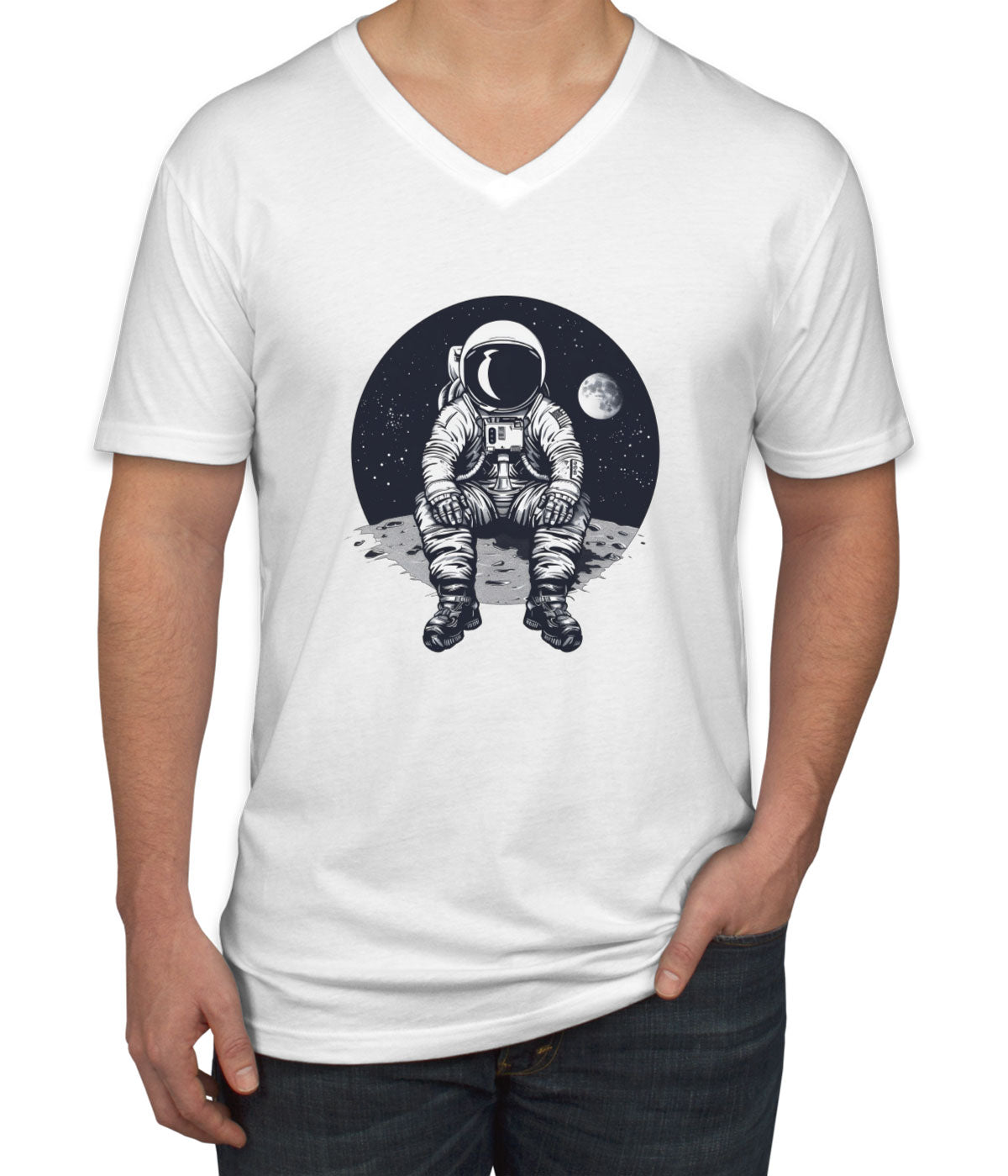 Astronaut Sitting On Moon Men's V Neck T-shirt