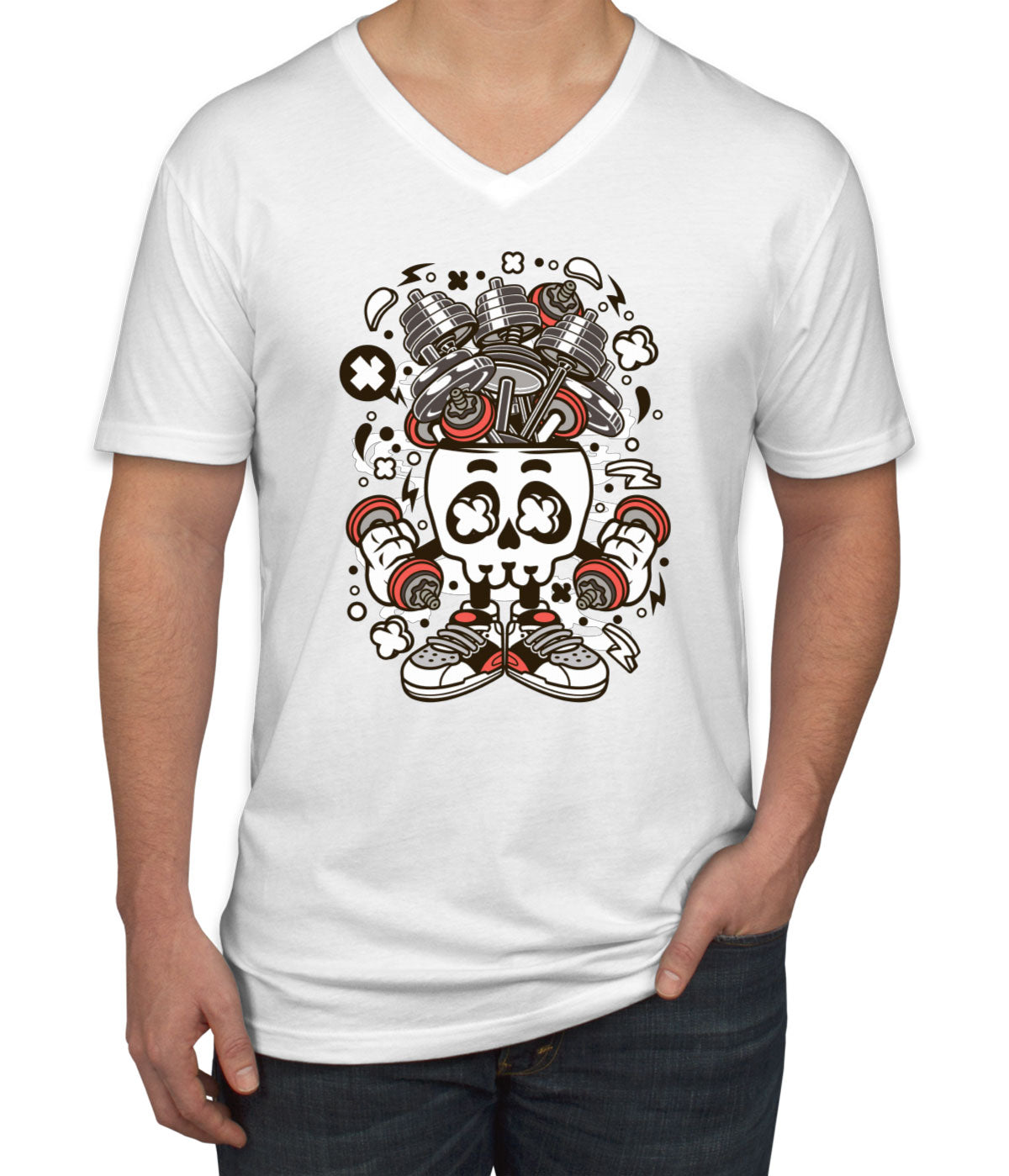 Barbell Skull Head Men's V Neck T-shirt