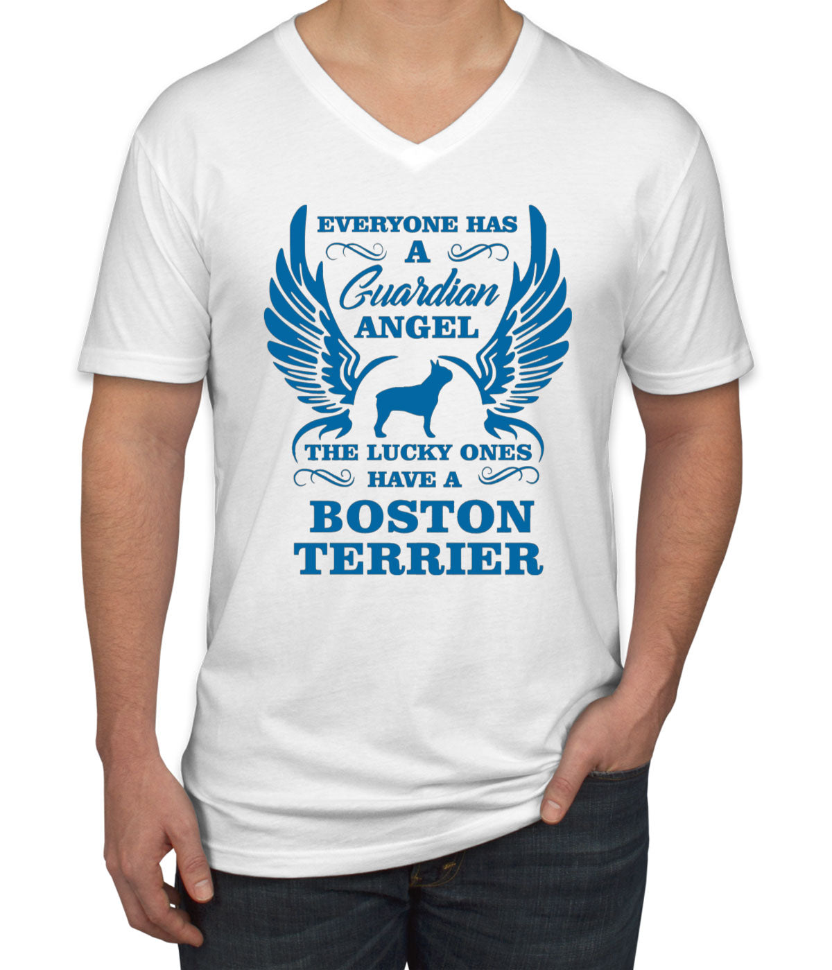 Boston Terrier Guardian Angel Dog Men's V Neck T-shirt