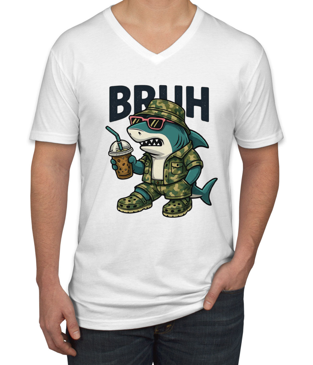 Camo Shark Bruh Hunting Men's V Neck T-shirt