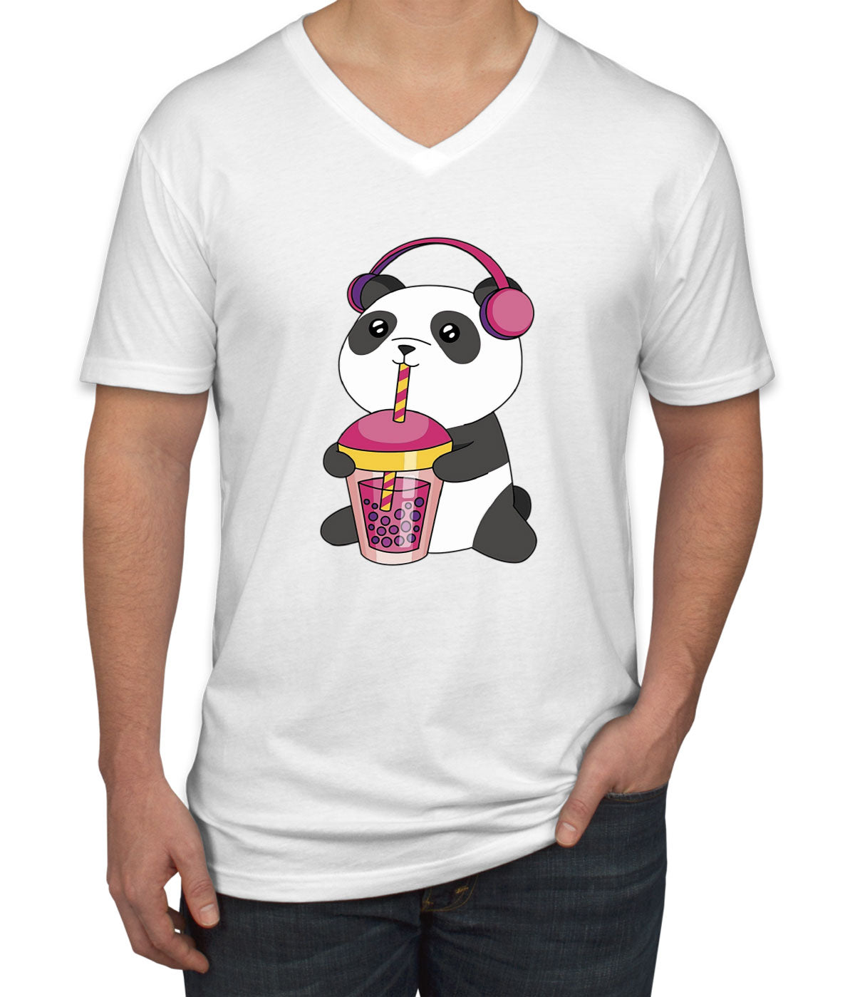 Panda Drinking Bubble Tea Men's V Neck T-shirt