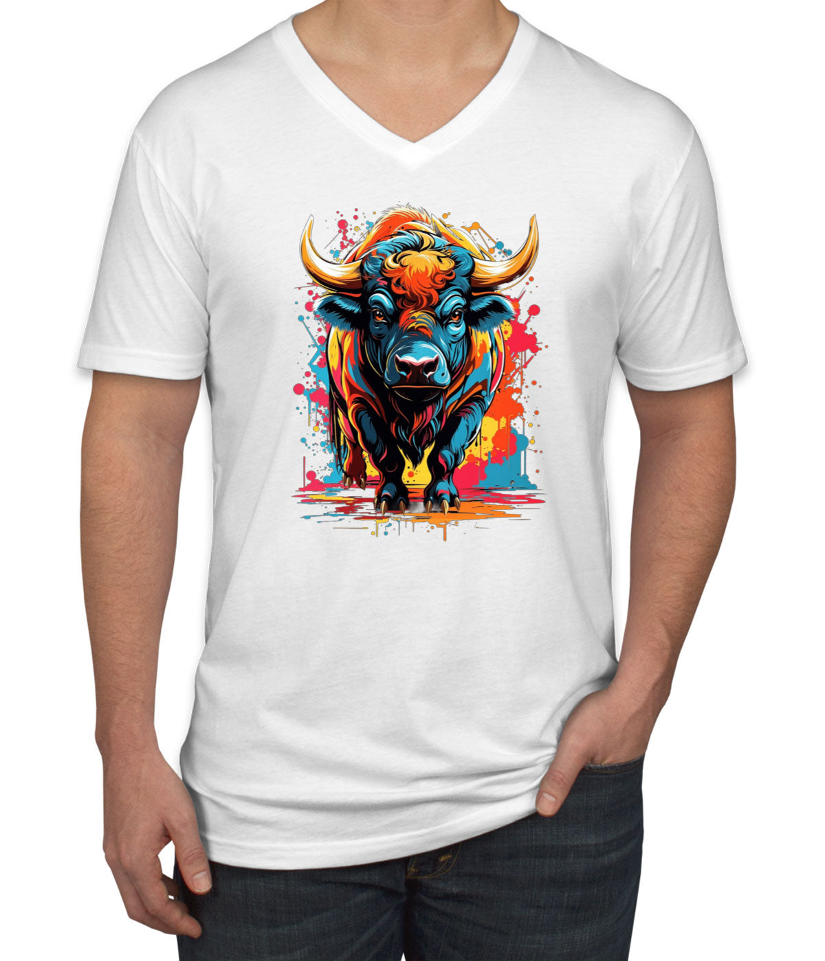 Illustration Colorful Bull Men's V Neck T-shirt