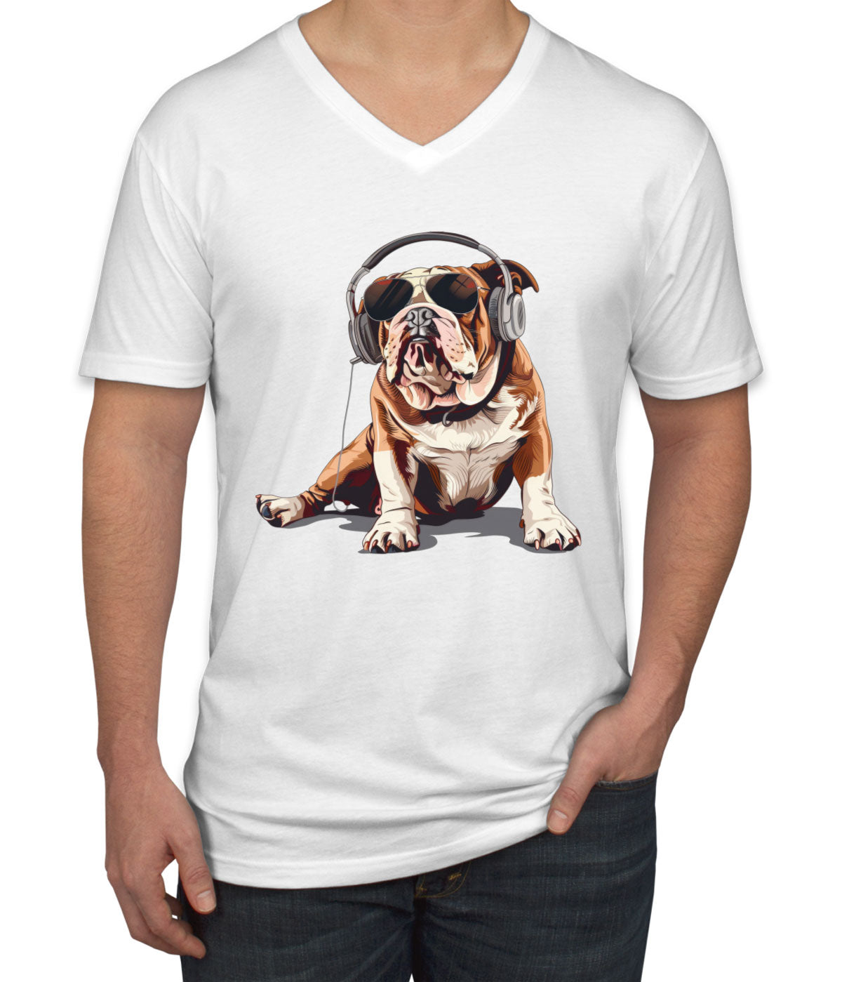 Bulldog With Headphone Men's V Neck T-shirt