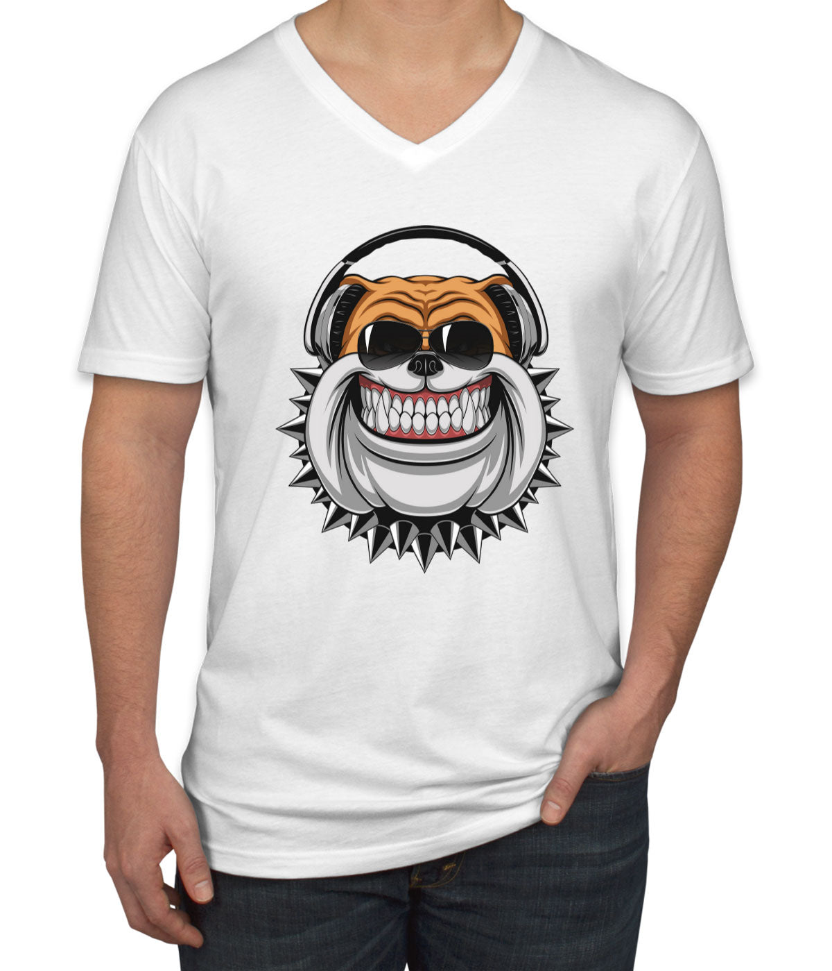 Bulldog With Headphone Cartoon Men's V Neck T-shirt