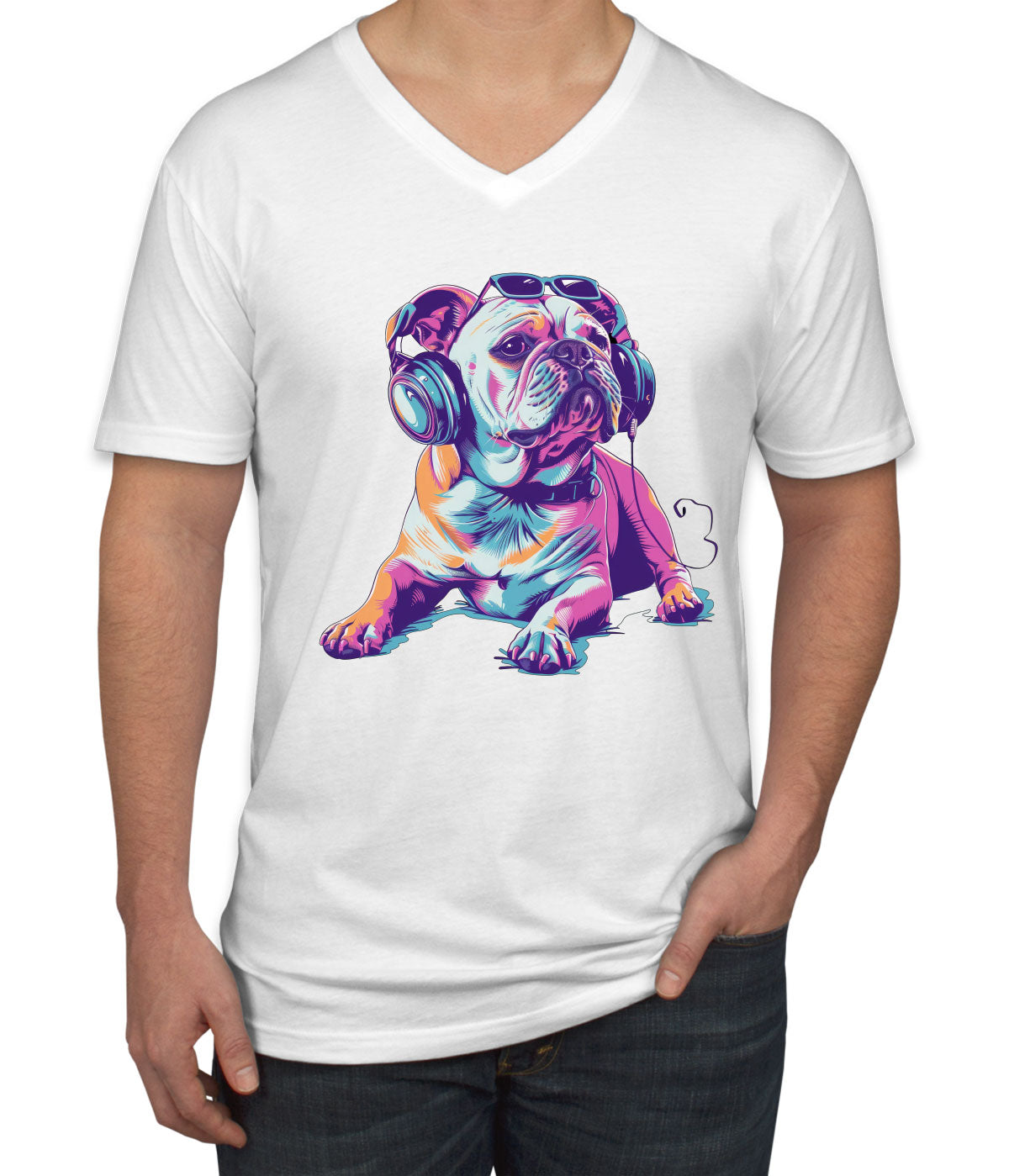 Bulldog With Headphone And Sunglasses Men's V Neck T-shirt