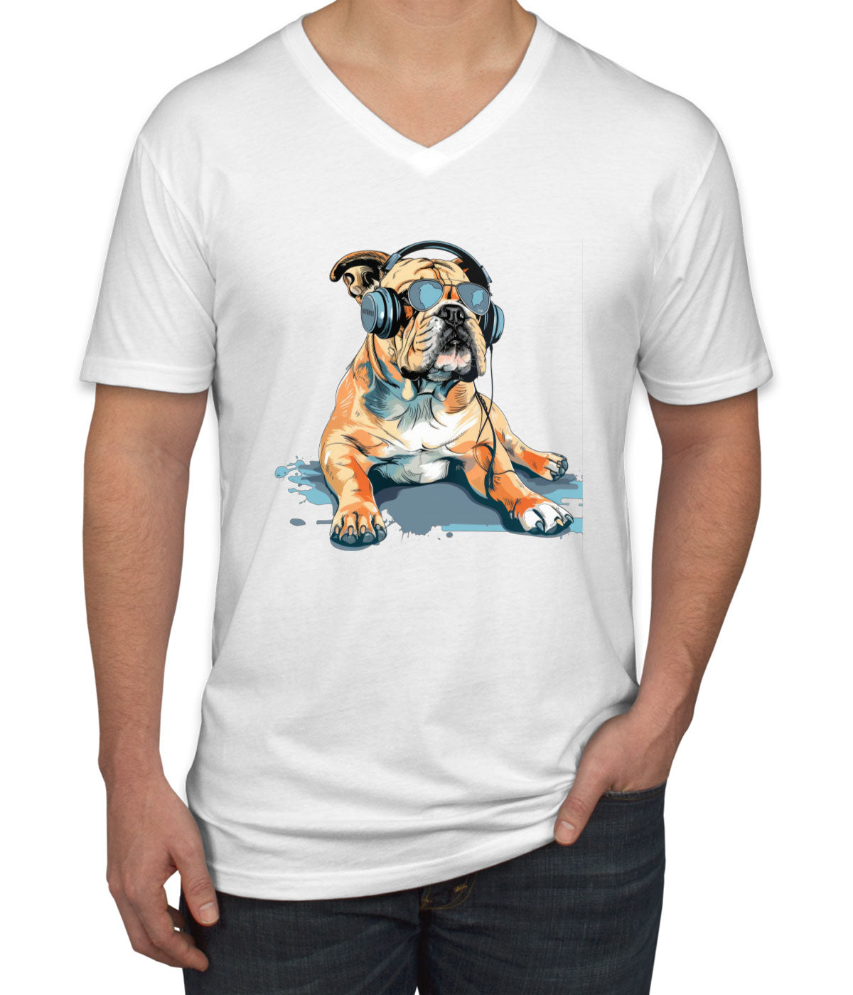 Bulldog With Headphone And Sunglasses Men's V Neck T-shirt