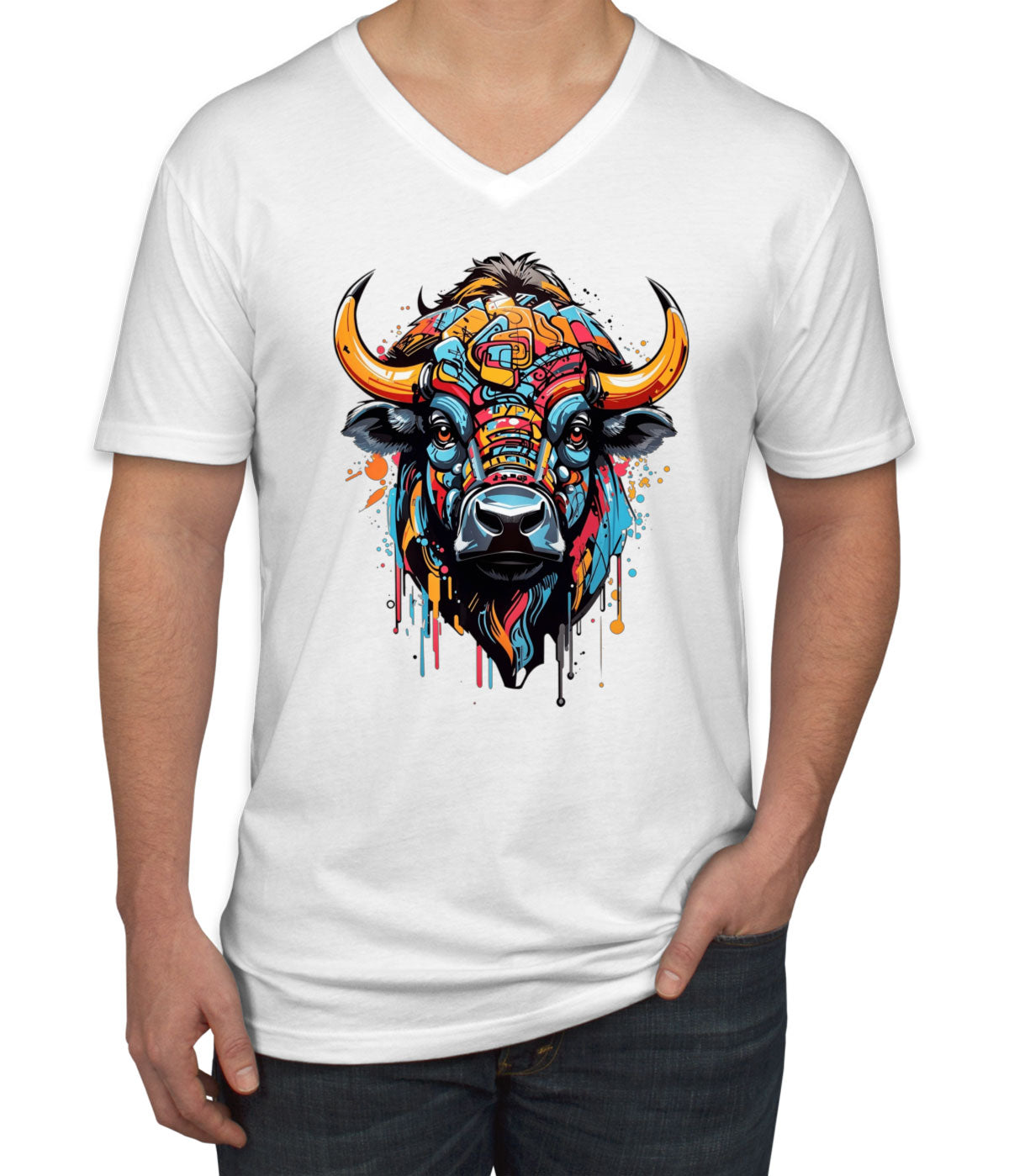 Illustration Colorful Bull head Men's V Neck T-shirt