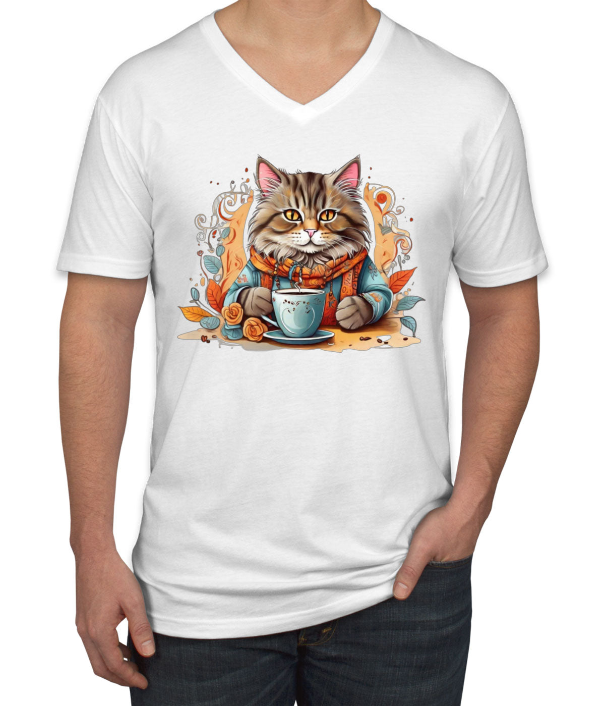 Cat Coffee Lover Men's V Neck T-shirt