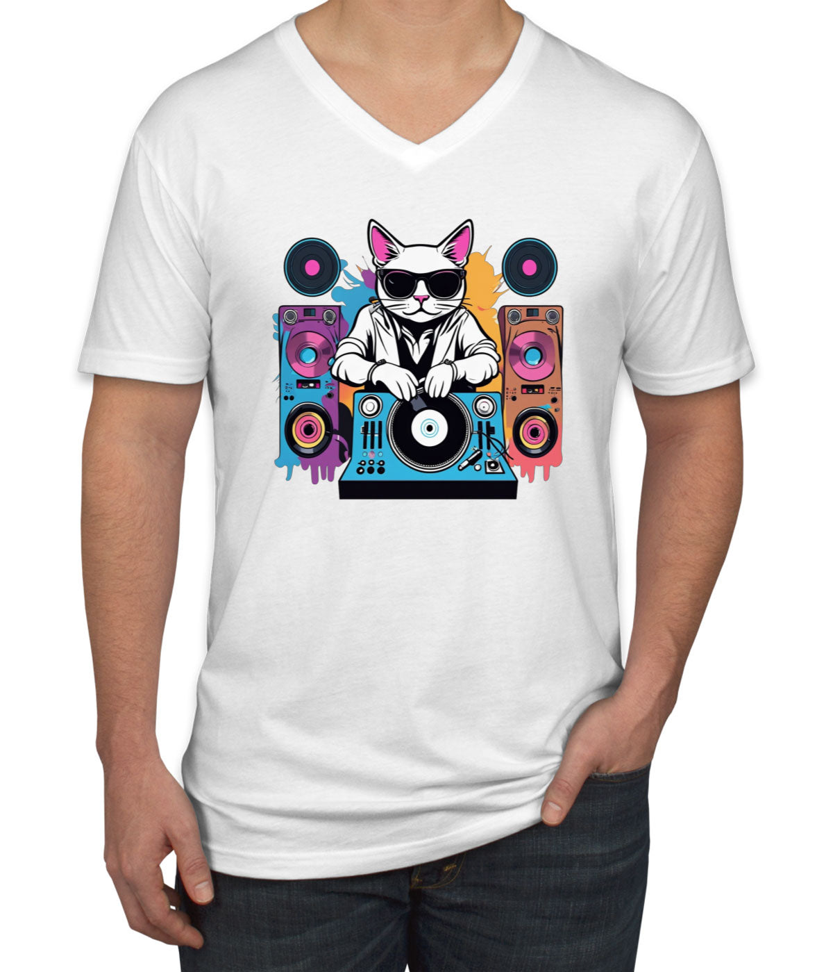 Cool Dj Cat Men's V Neck T-shirt