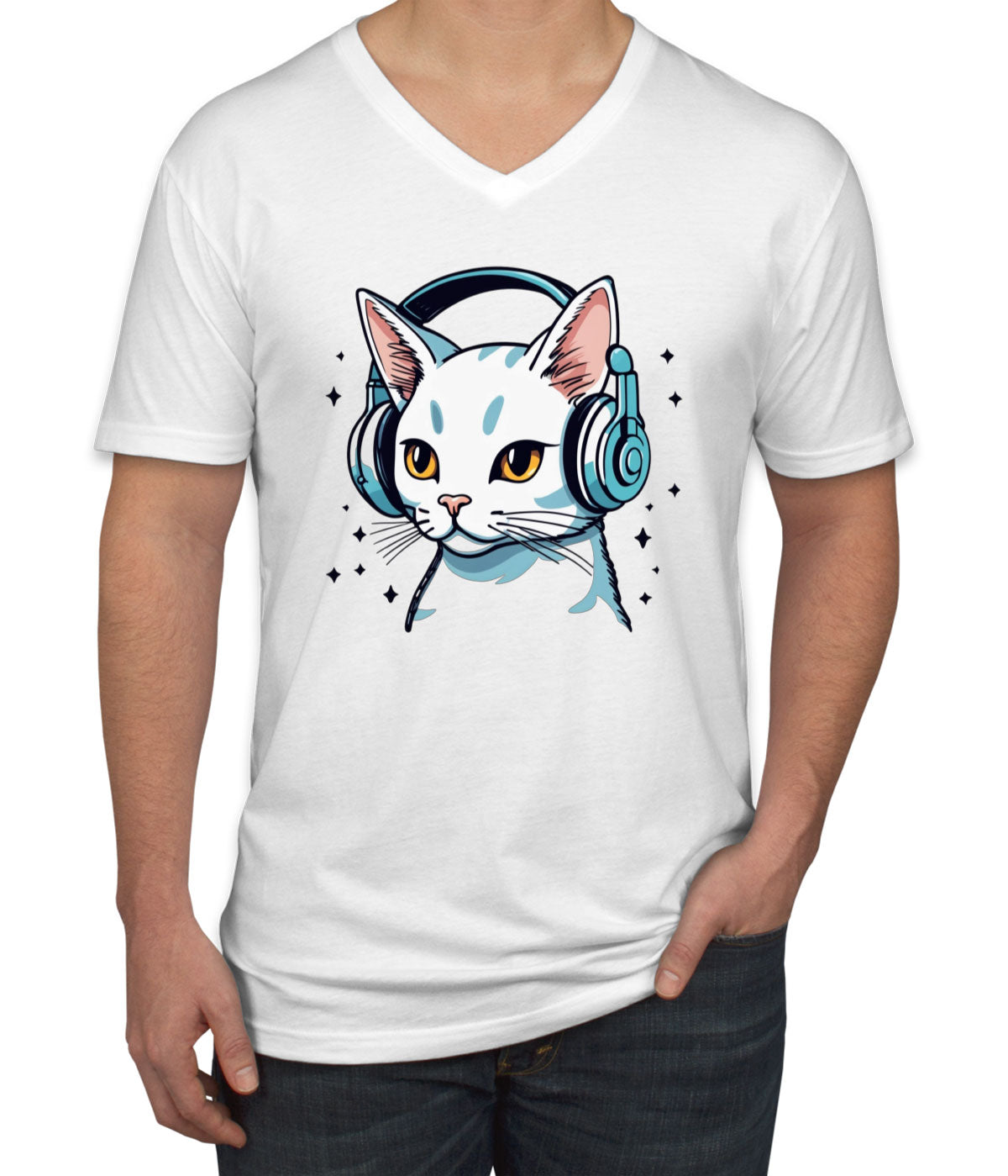 Cool Cat With Headphone Men's V Neck T-shirt