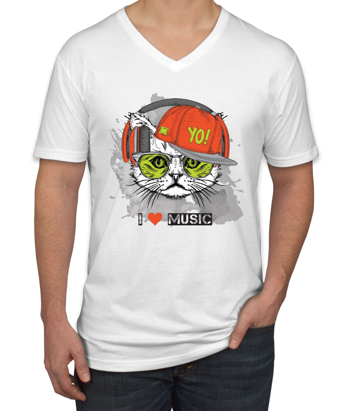I Love Music Cat With Headphones Men's V Neck T-shirt