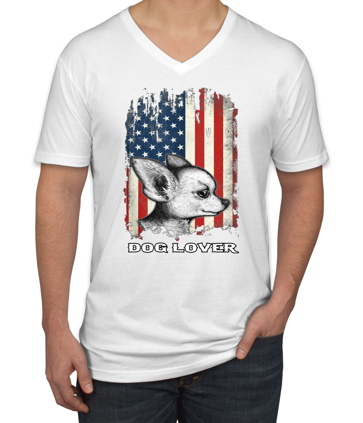 Chihuahua Dog Lover With American Flag Men's V Neck T-shirt