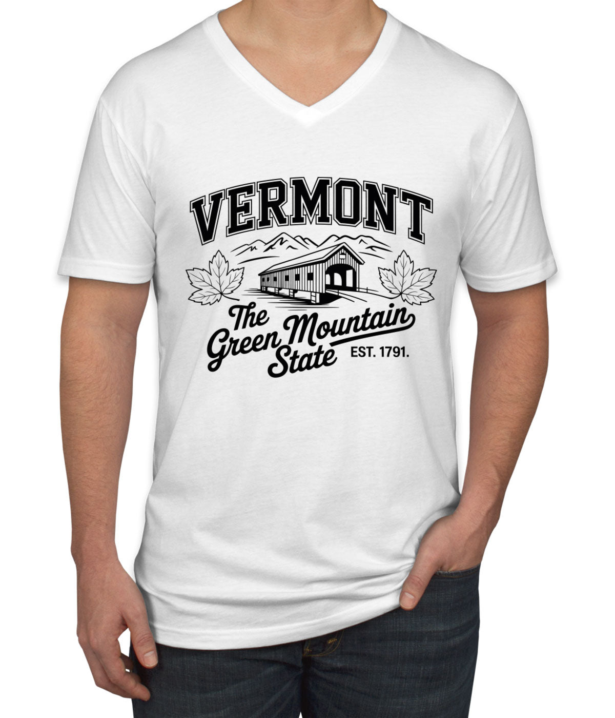 Vermont Cityscape Illustration The Green Mountain State Men's V Neck T-shirt
