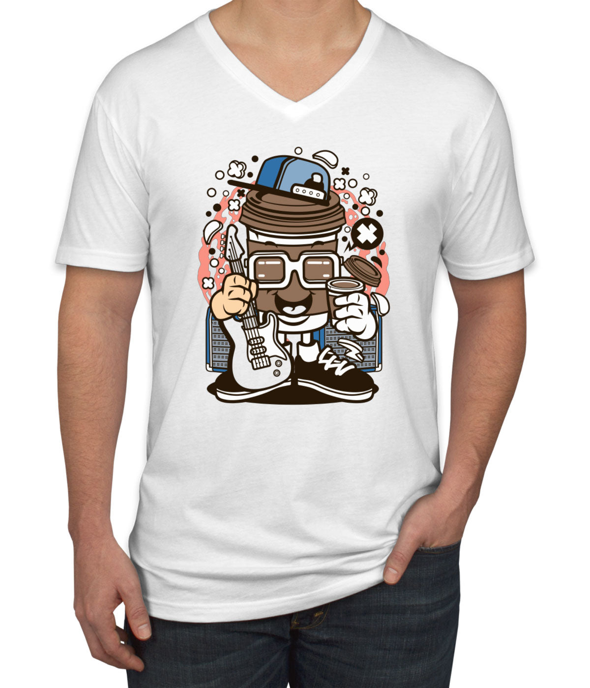 Coffee Cup Rock Cartoon Men's V Neck T-shirt