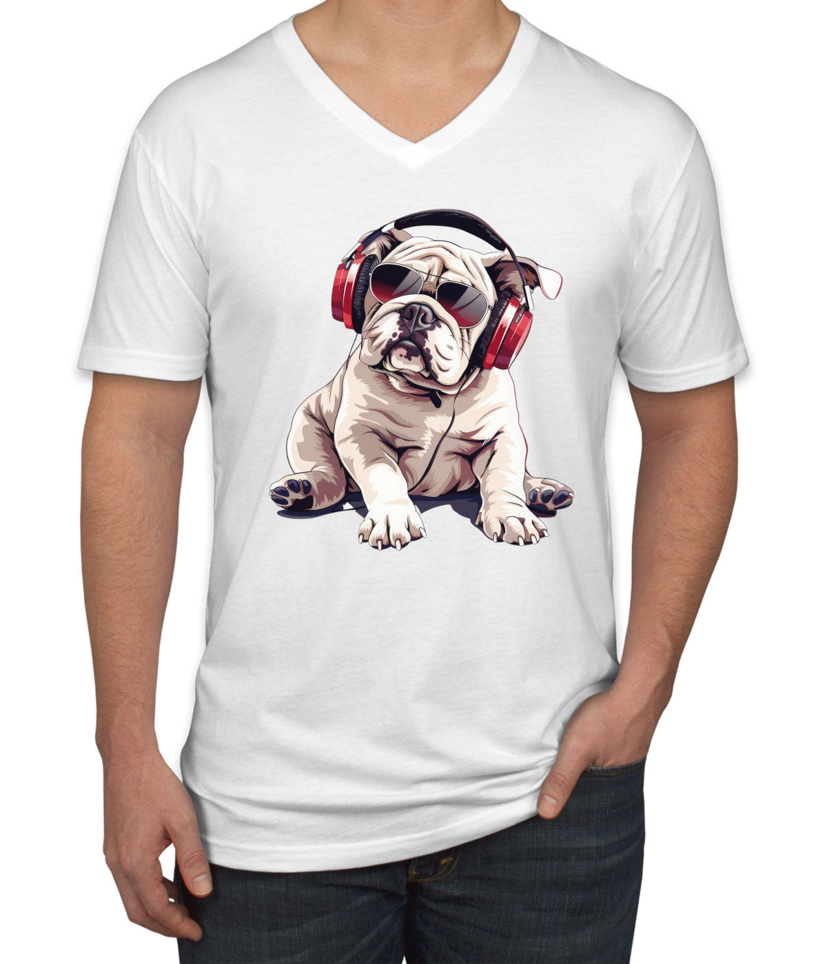 Cool Bulldog With Headphone And Sunglasses Men's V Neck T-shirt