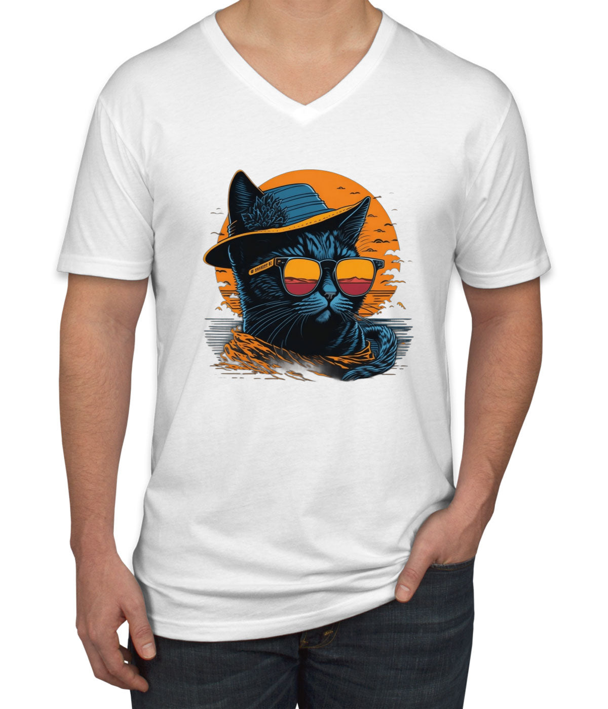 Cool Cat With Hat And Sunglasses Men's V Neck T-shirt