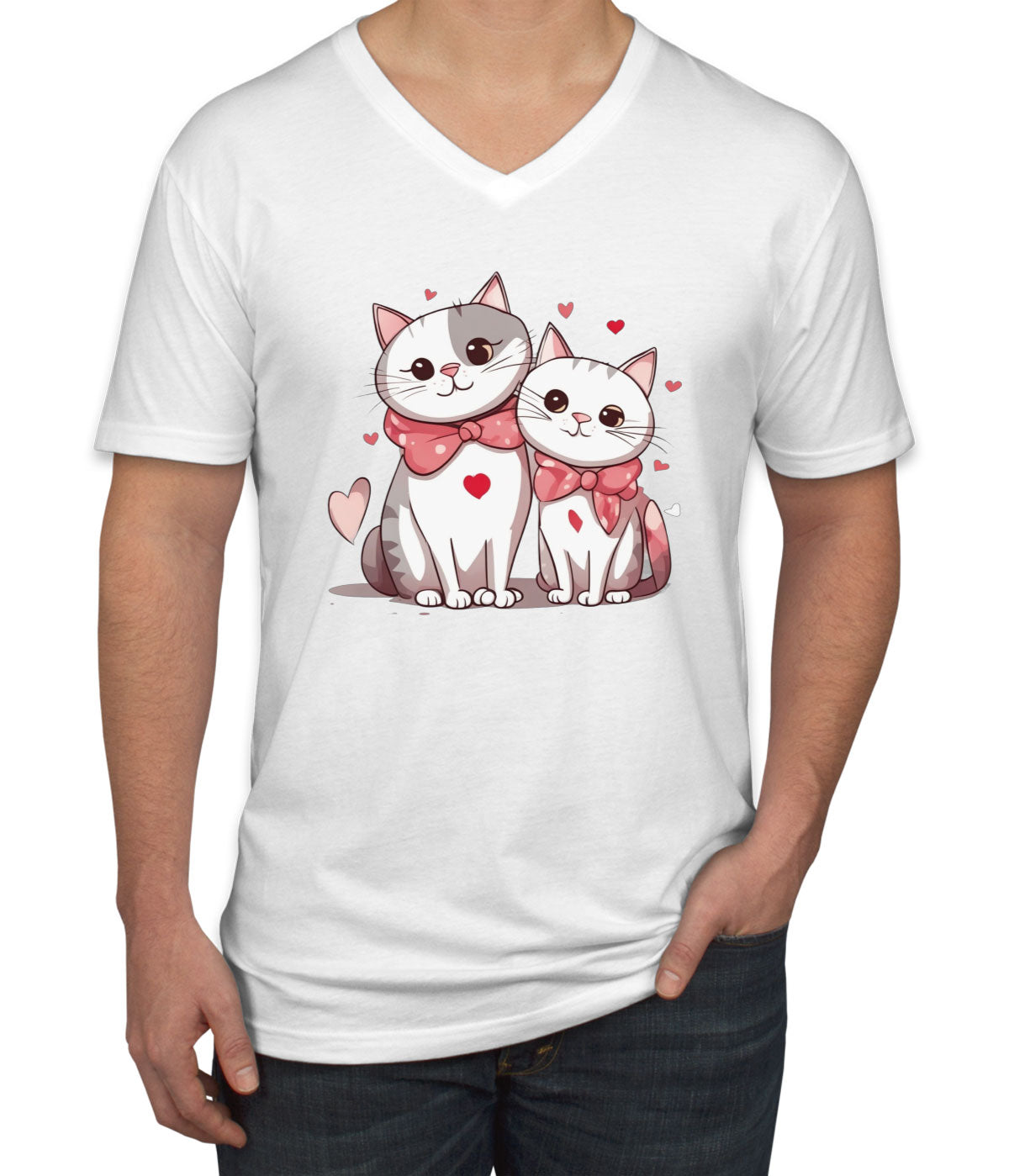 Cute Cat Couples Valentine's Day Men's V Neck T-shirt