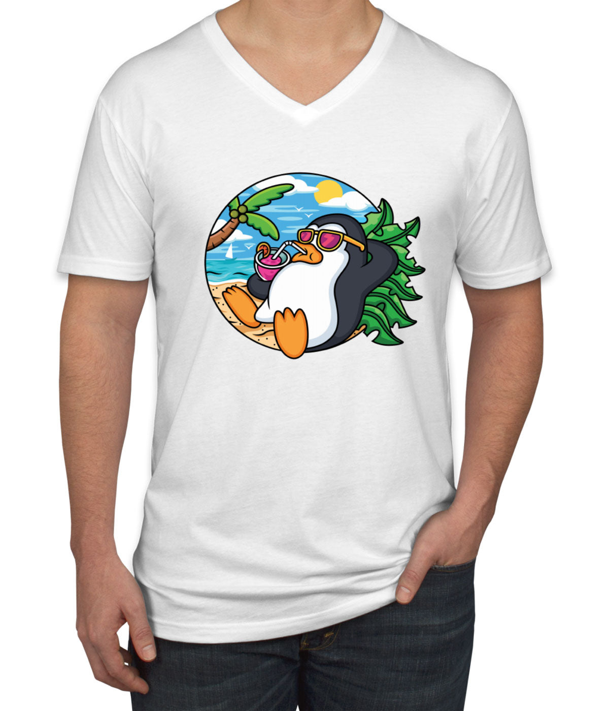 Cartoon Penguin On Vacation Men's V Neck T-shirt