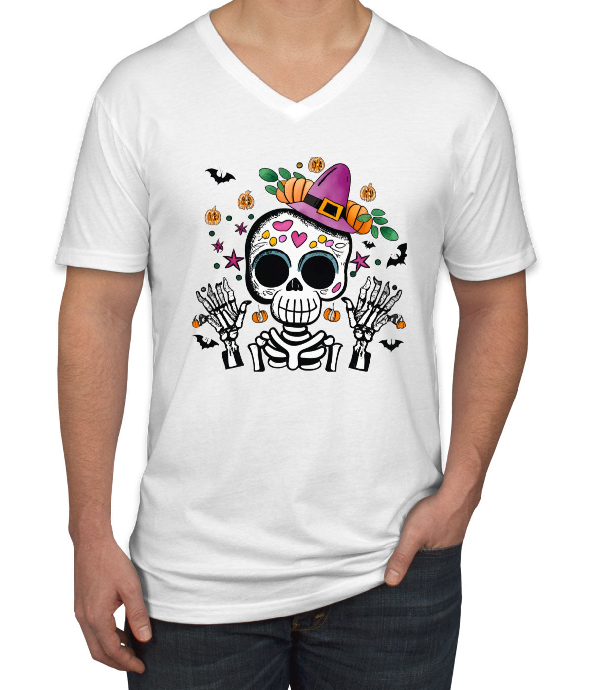 Cute Skeleton Halloween Men's V Neck T-shirt