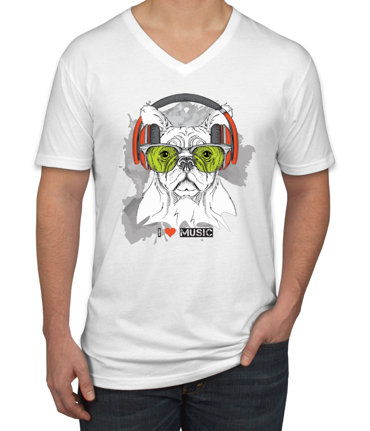 I Love Music Dog With Headphones Men's V Neck T-shirt