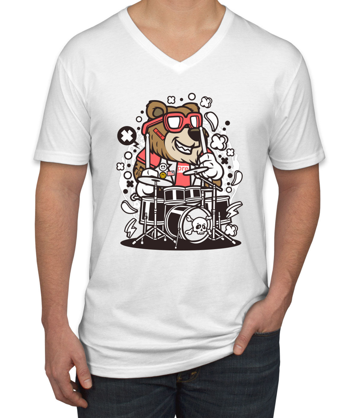 Cool Punk Rock Bear Drummer Men's V Neck T-shirt