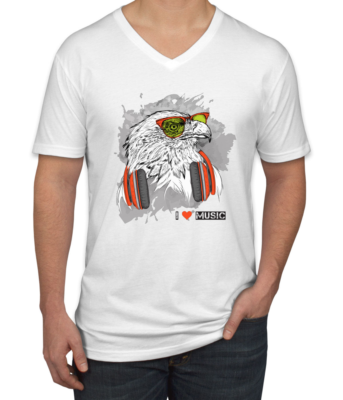 I Love Music Eagle With Headphones Men's V Neck T-shirt