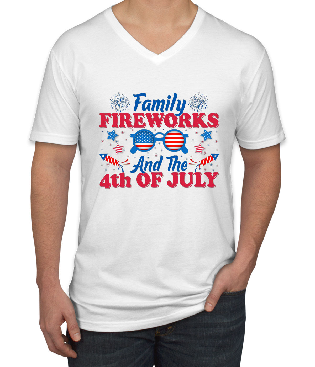 Family Fireworks And The 4th Of July Independence Day Patriotic Men's V Neck T-shirt